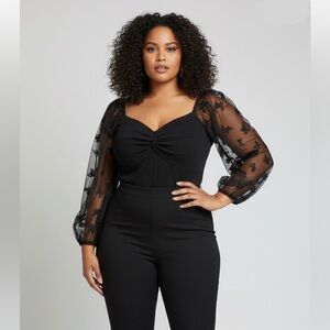Black 3XL Plus Size Blouse Sheer Long Sleeves Butterfly Details